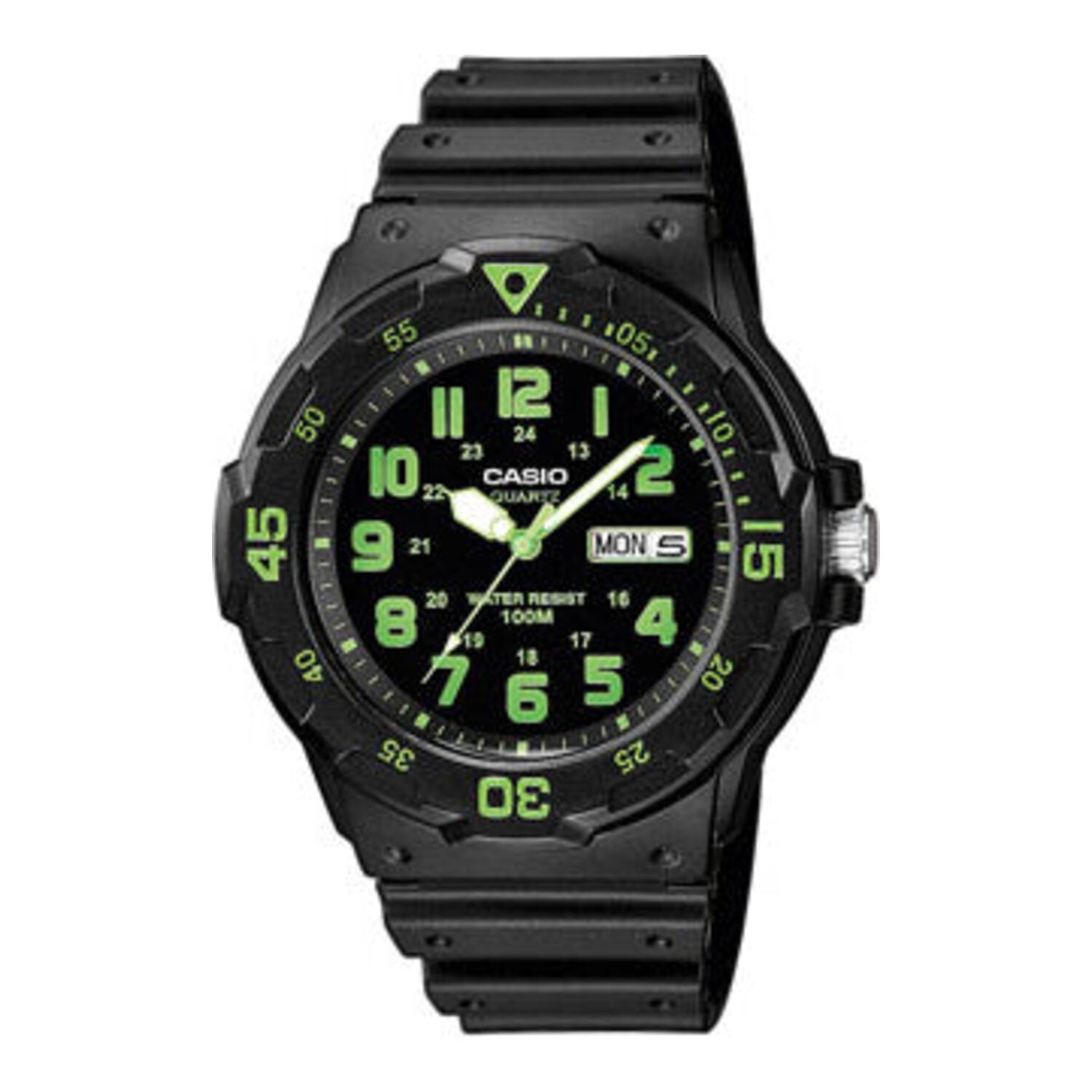 Montre analogique Casio pour homme, au design sportif, avec bracelet en résine verte, lunette tournante et affichage de la date.