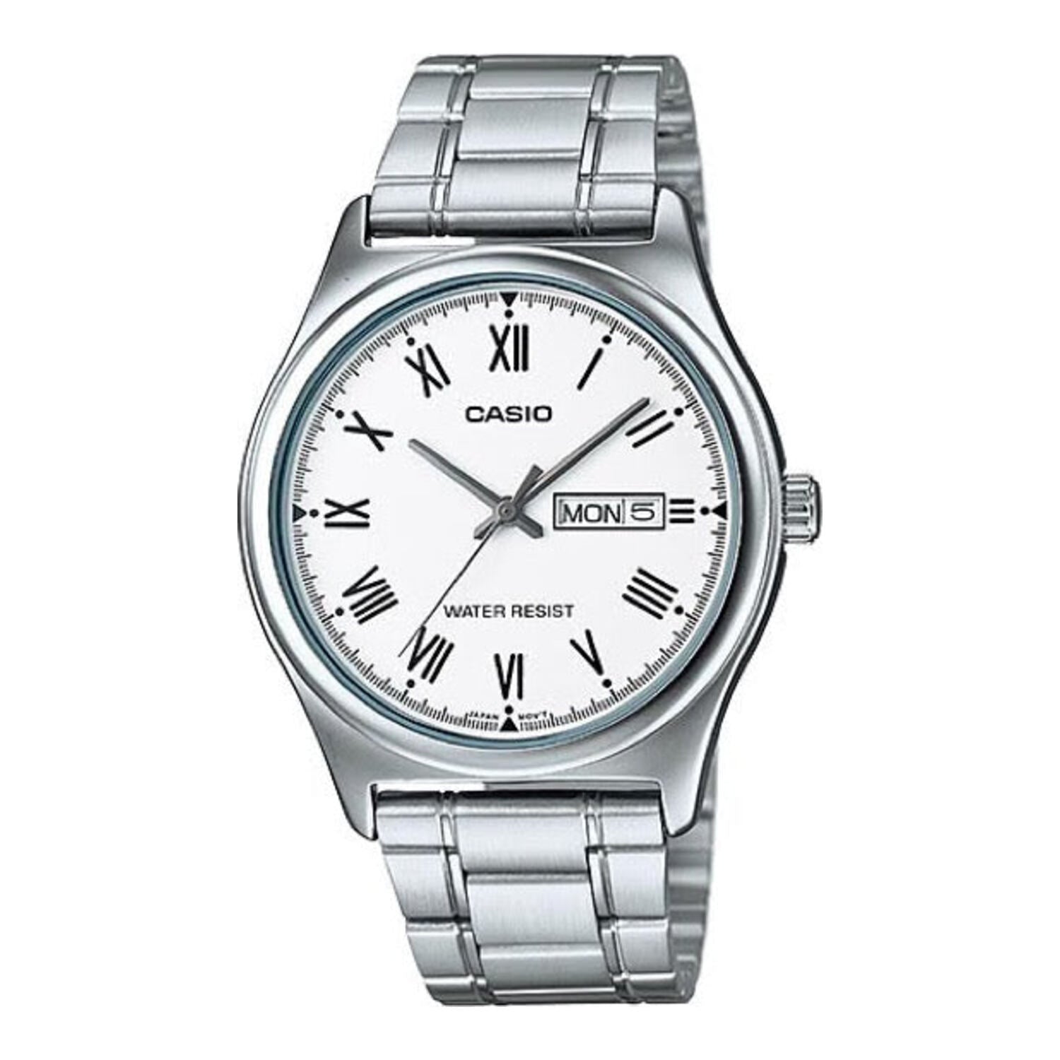 Montre Casio pour homme à quartz, boîtier en acier inoxydable, cadran clair et bracelet en acier inoxydable.