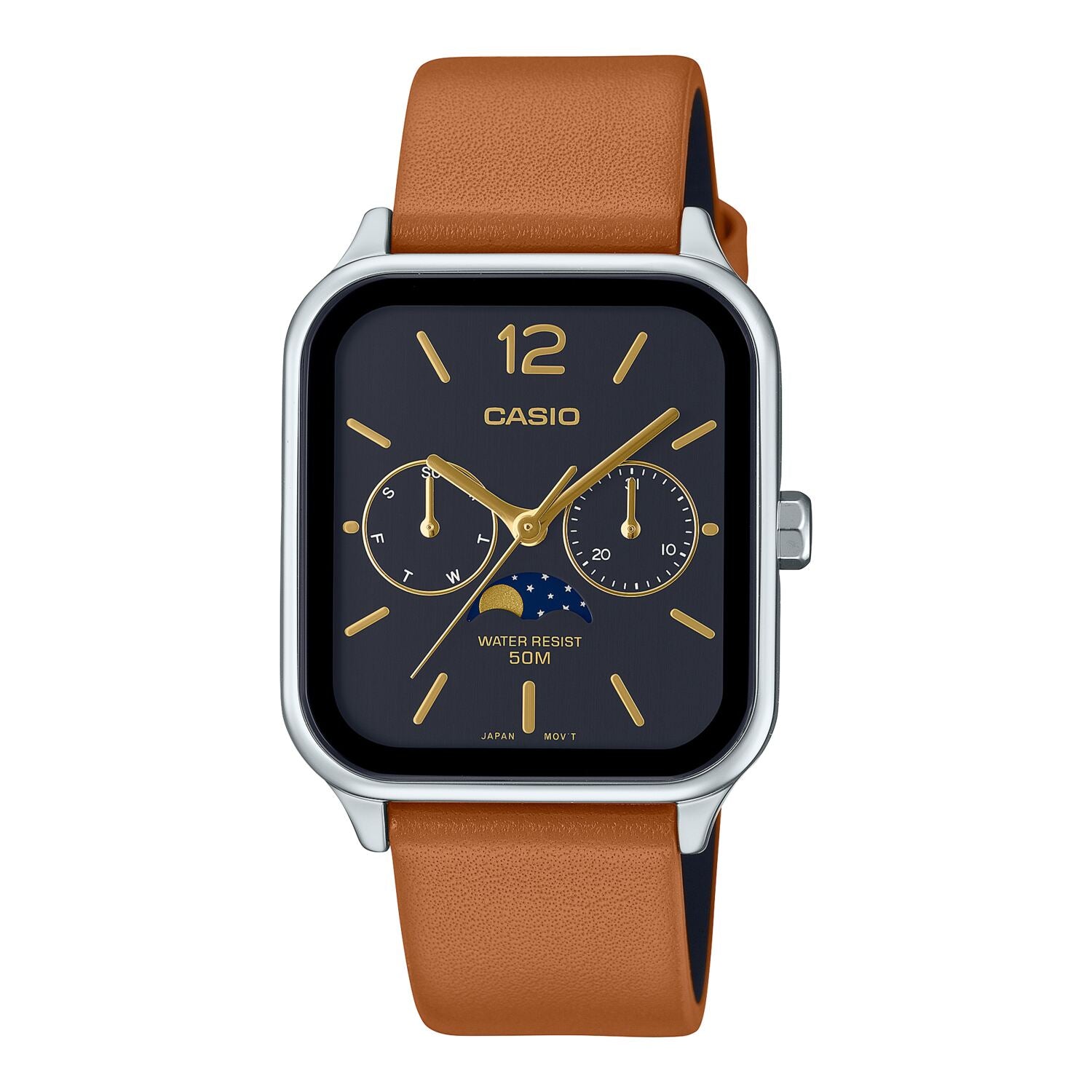 Montre Casio pour homme à quartz en acier inoxydable avec affichage du jour et de la date, bracelet en cuir noir