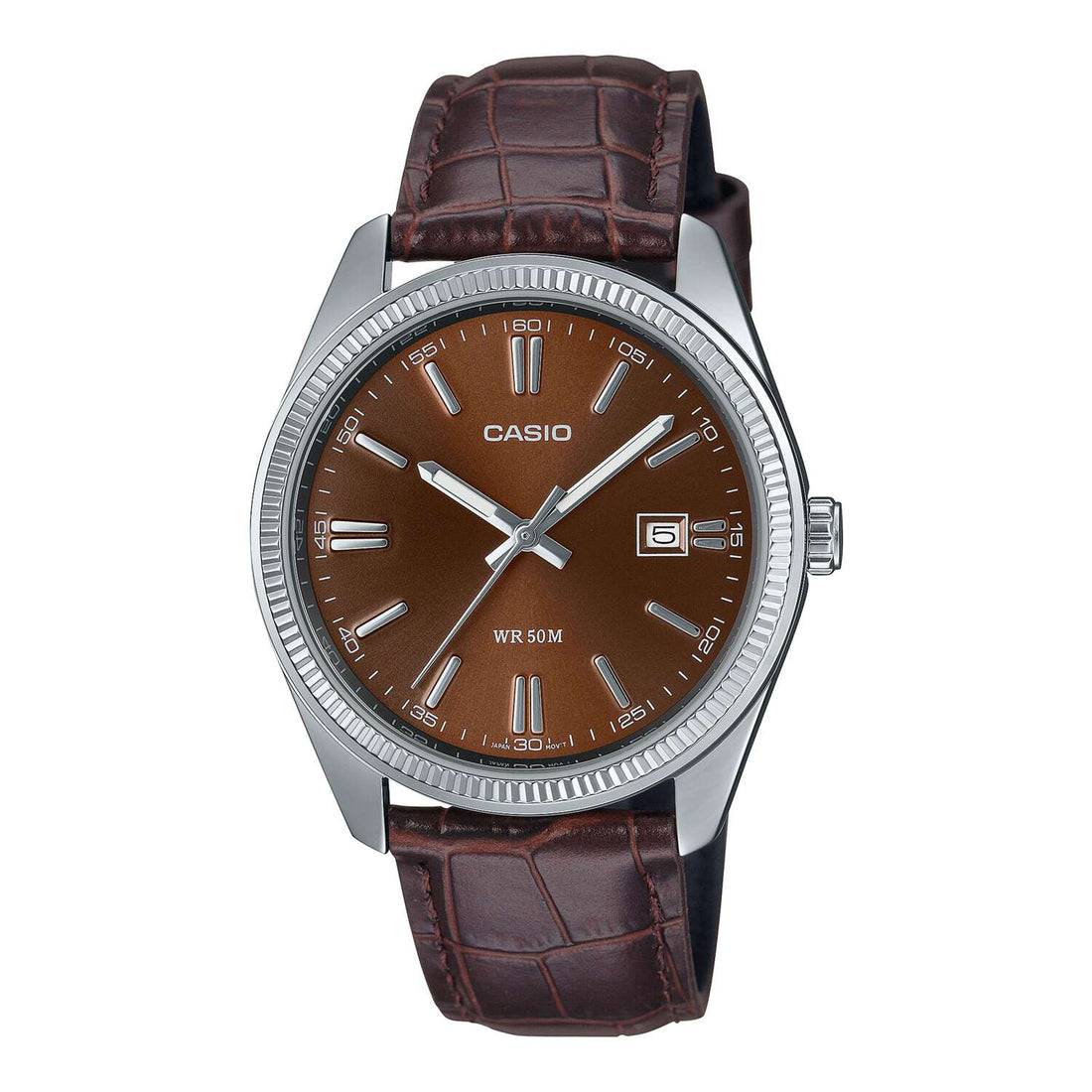 Casio Herren Quarzuhr mit Tagesanzeige, Datum und braunem Lederarmband