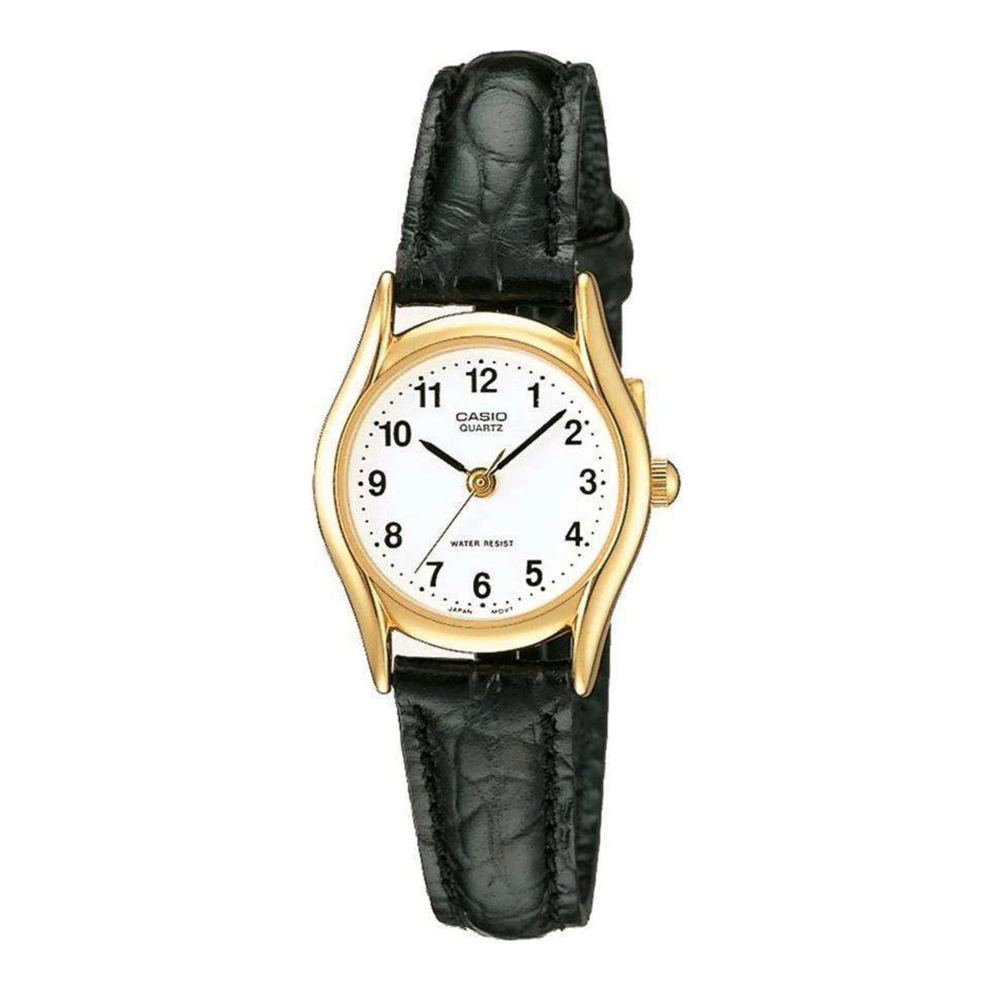 Casio Klassische Damen Quarzuhr mit hellem Zifferblatt und schwarzem Lederarmband
