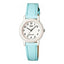 Montre à quartz pour femme, petite taille, cadran violet et bracelet en cuir noir.