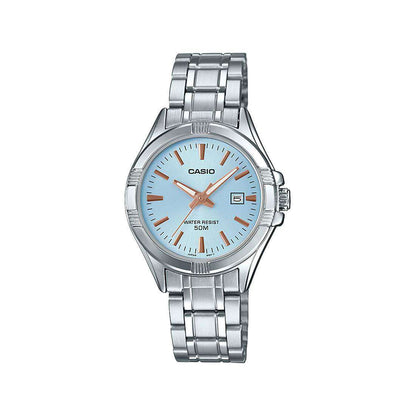 Casio Damen Analog Quarzuhr mit Edelstahlgehäuse und Edelstahlarmband, blaues Zifferblatt