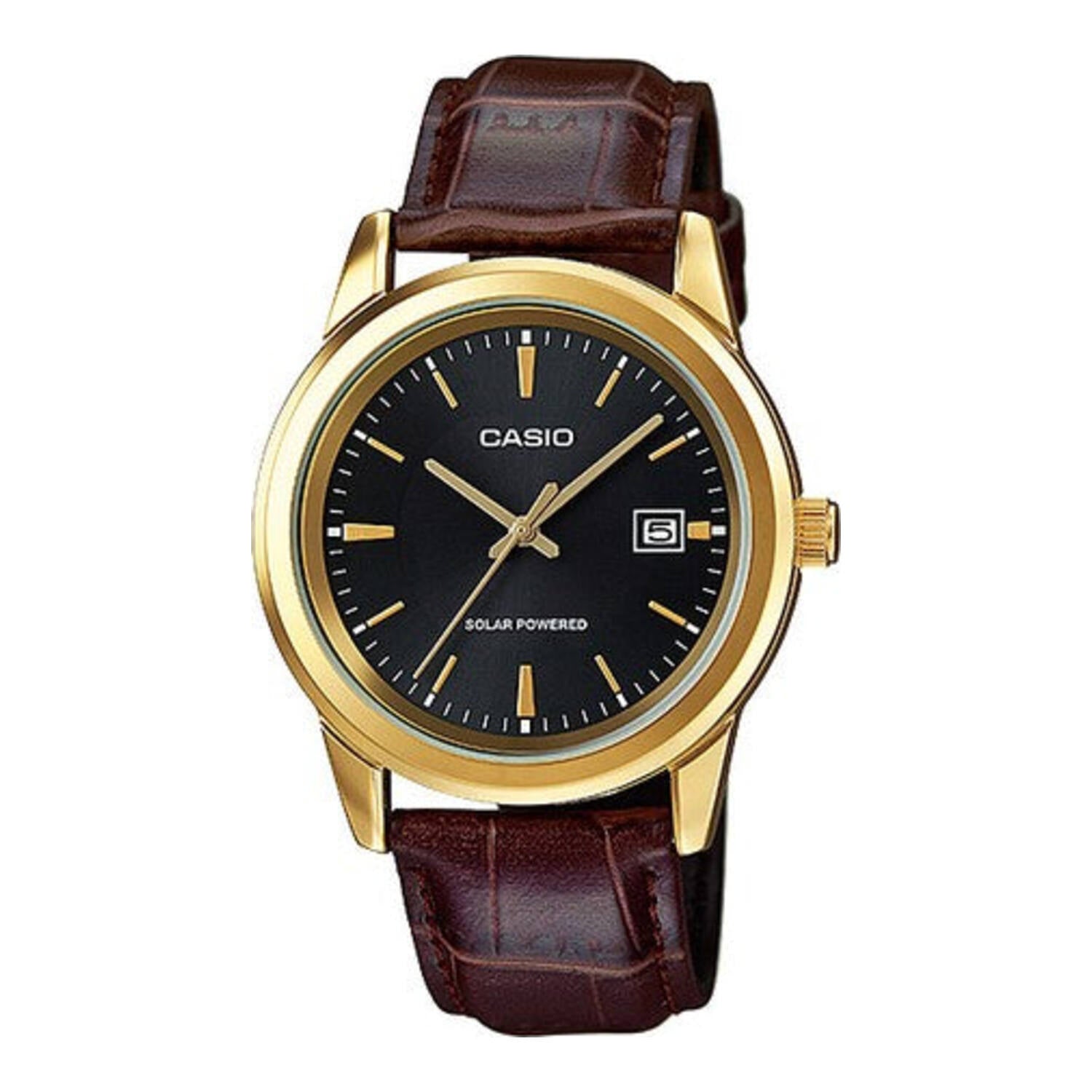 Montre Casio solaire analogique à quartz avec boîtier en acier doré et bracelet en cuir marron, cadran noir avec affichage de la date.