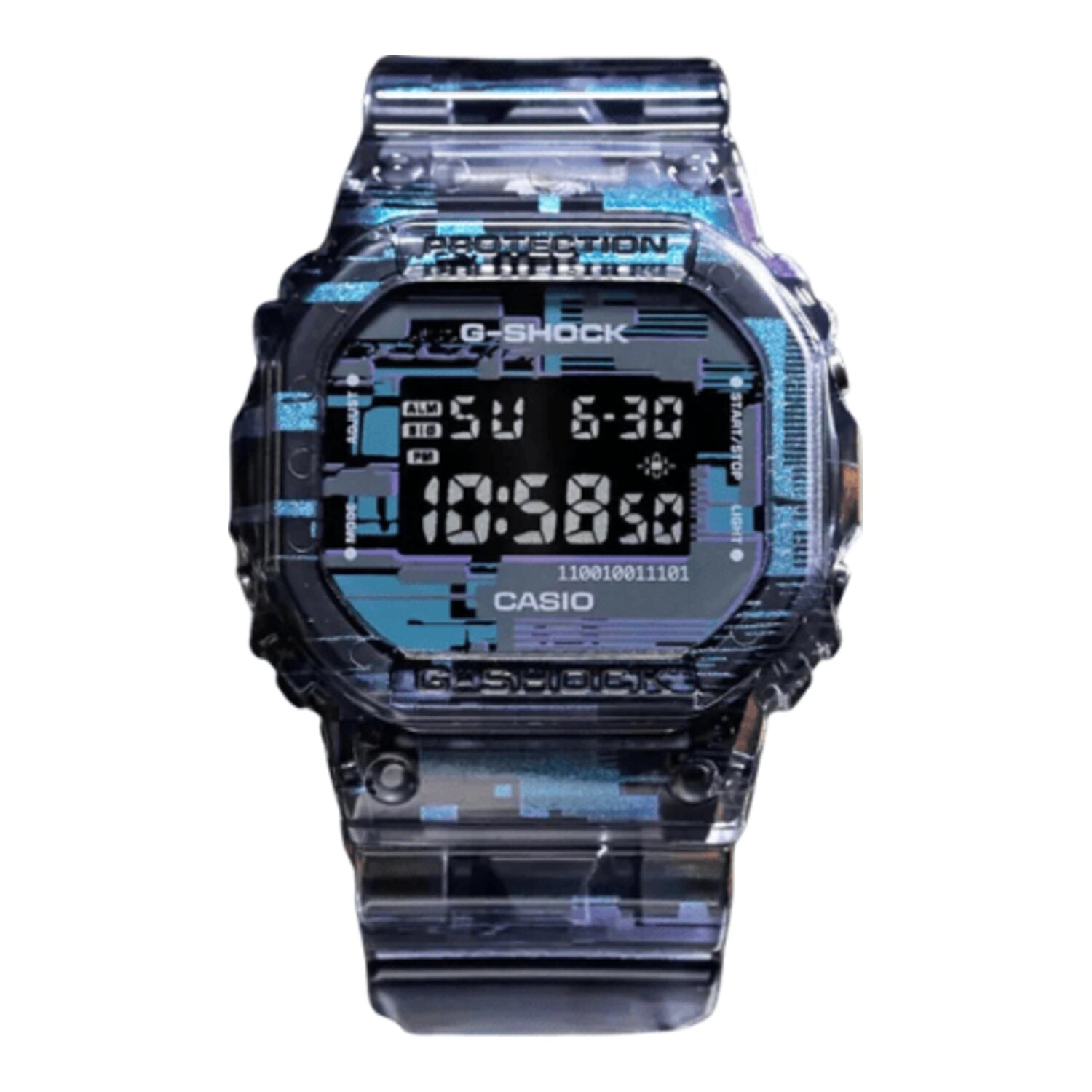 Montre numérique Casio résistante aux chocs, en résine semi-transparente, au design original à effet glitch numérique, avec éclairage LED et étanchéité jusqu&