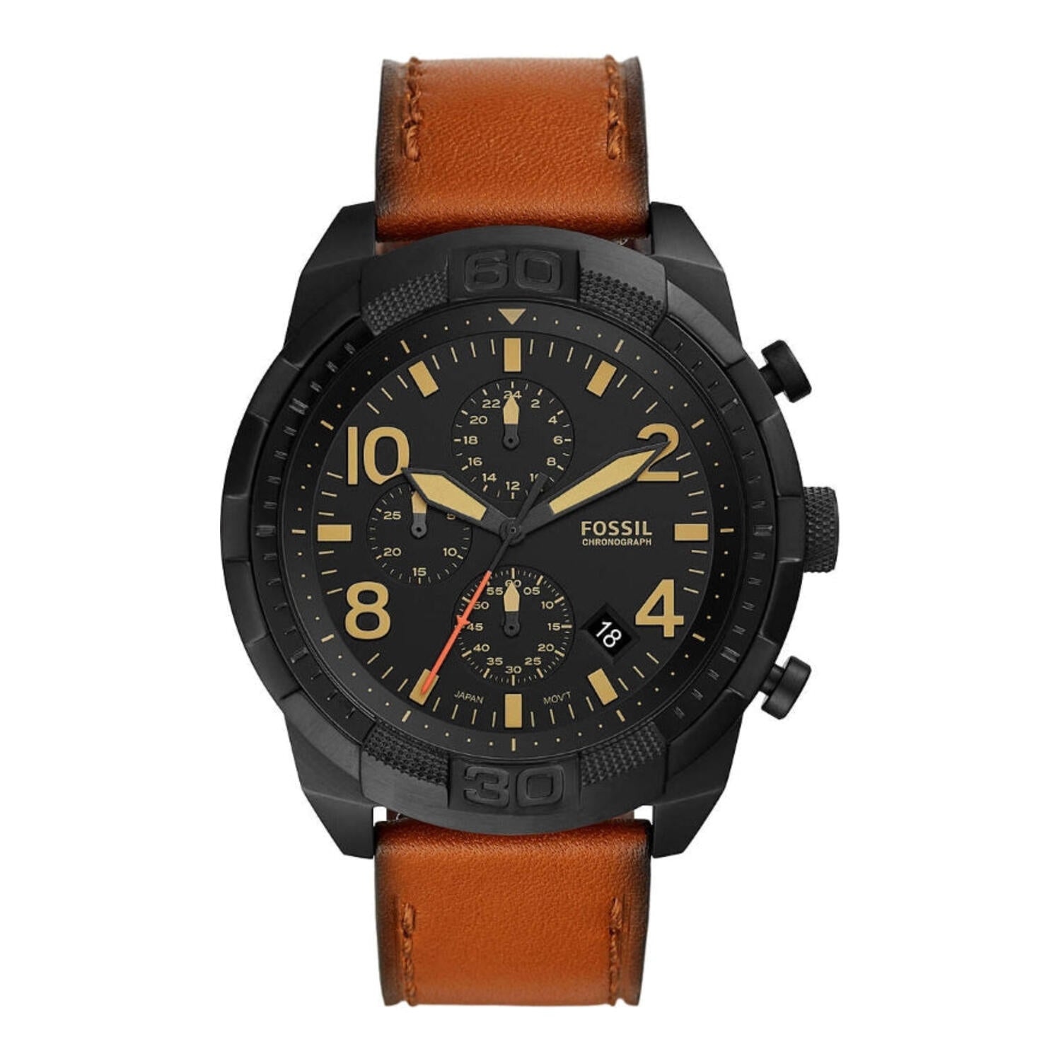 Montre chronographe Fossil Bronson, cadran noir, bracelet marron