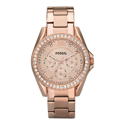 Fossil Riley Multifunction Crystal Rose Gold Tone Stainless Steel Watch