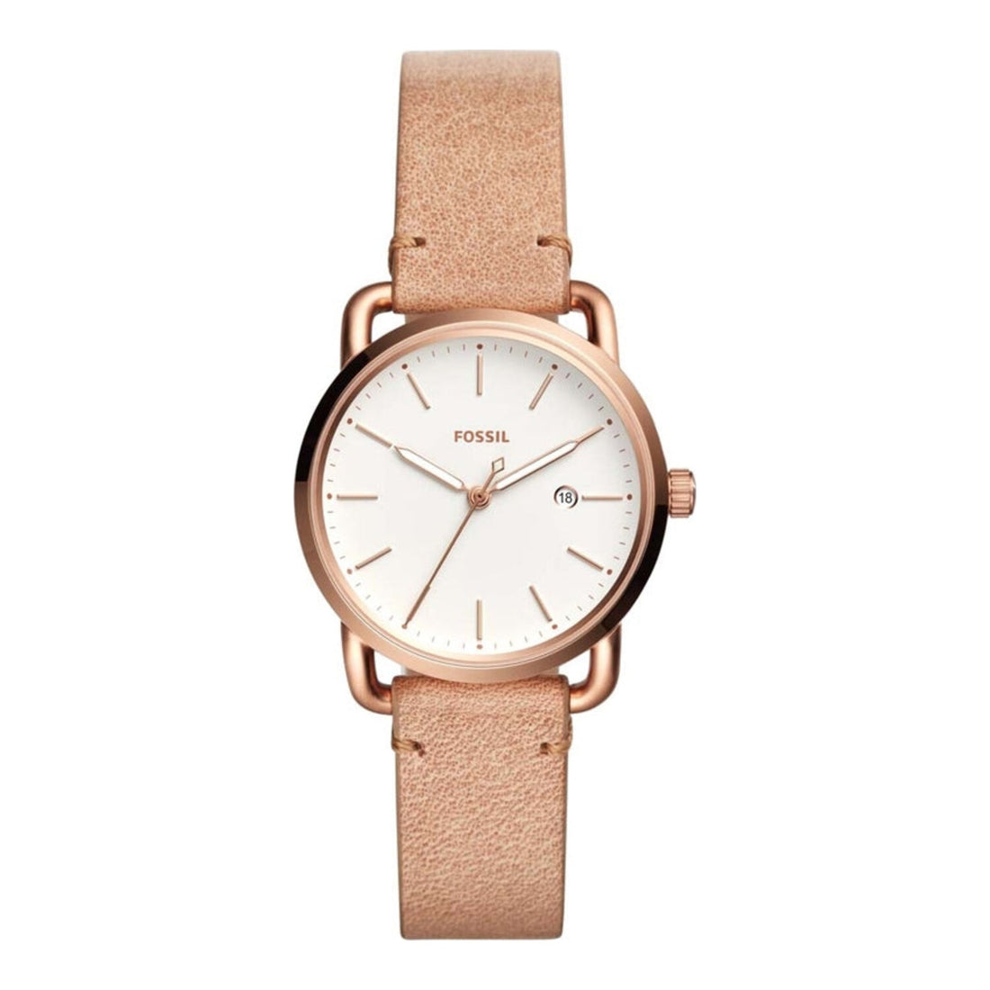 Fossil The Commuter Three Hand Date Rose Gold Tone Leather Watch