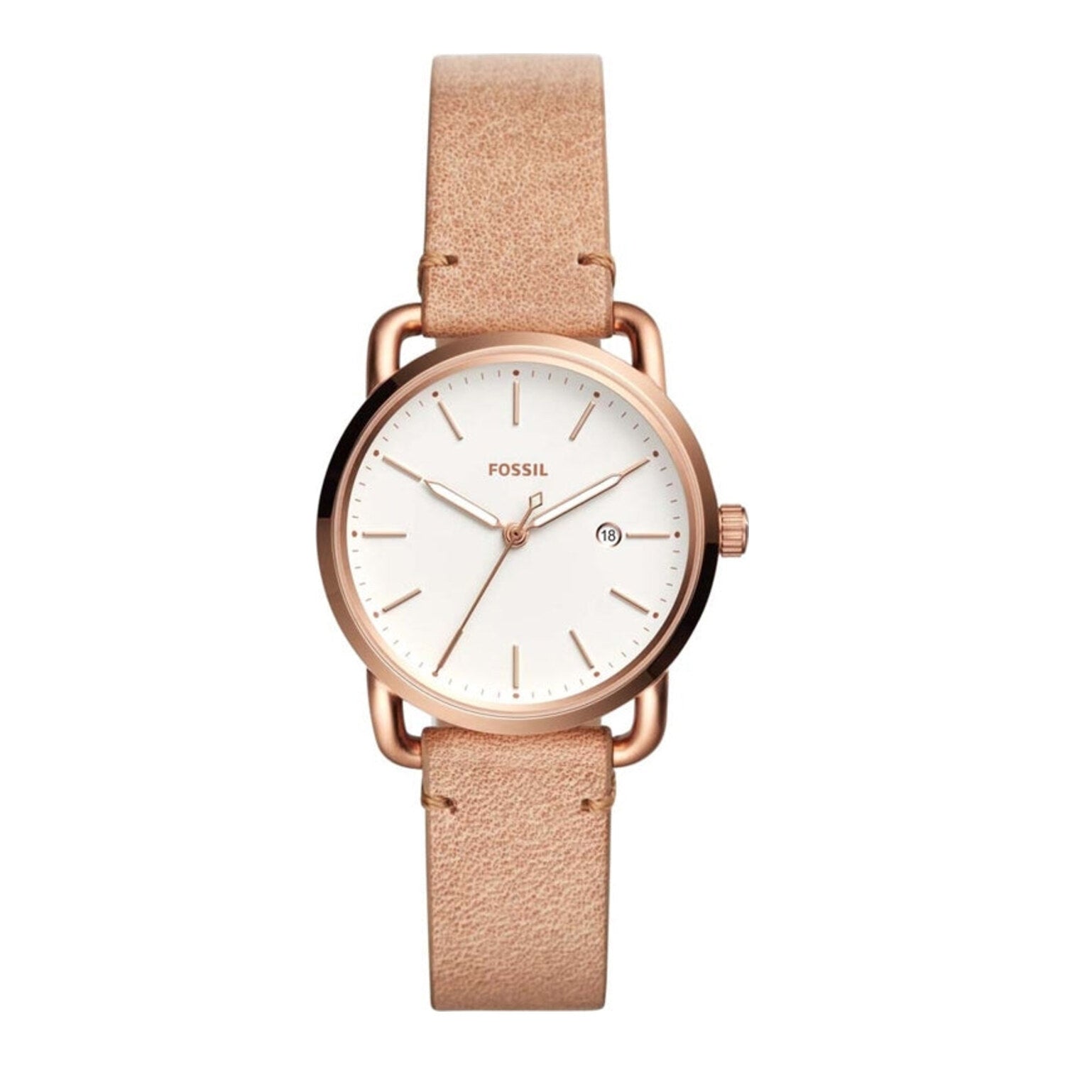Montre Fossil The Commuter à trois aiguilles et date, bracelet en cuir couleur or rose