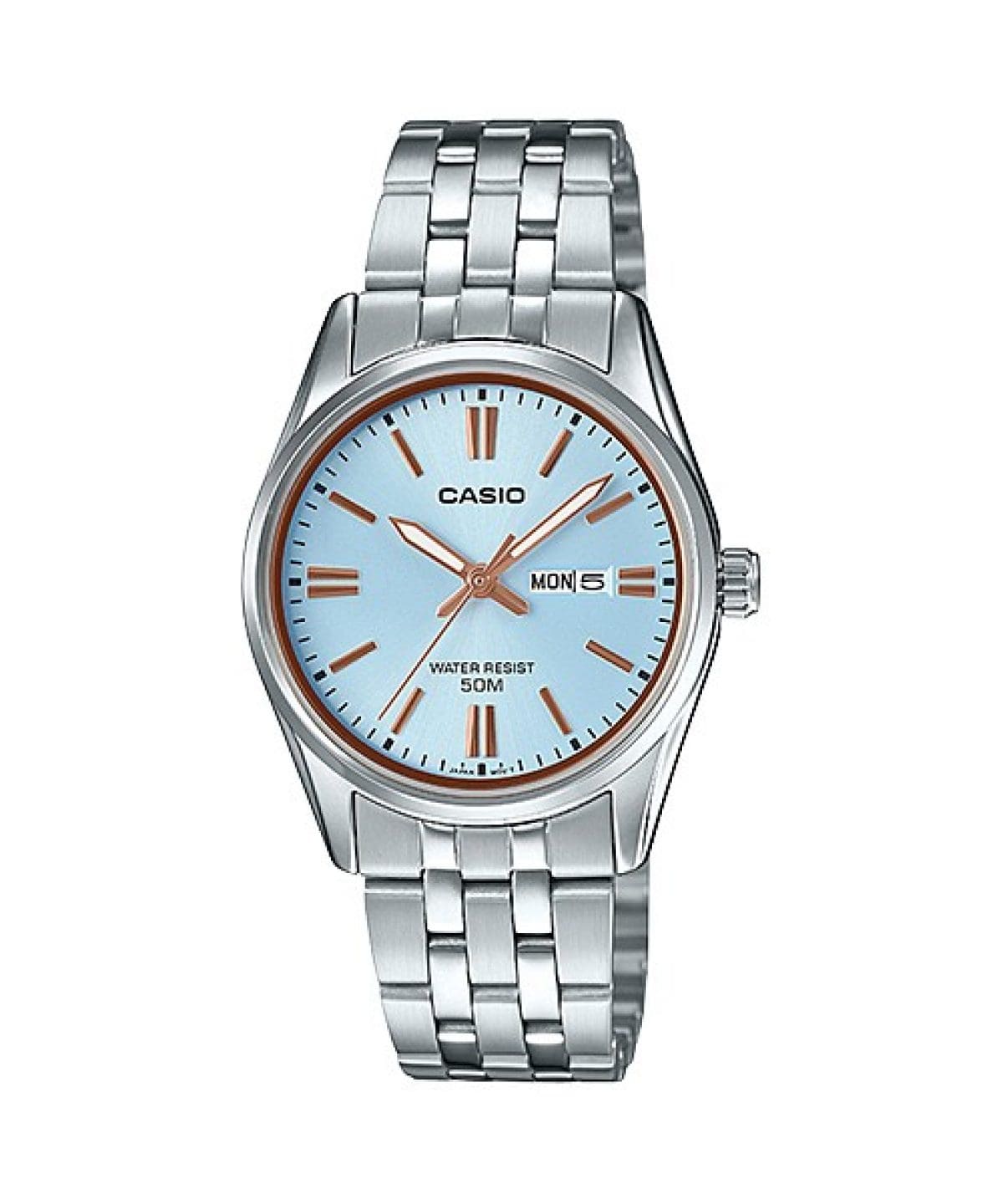 Casio Damen Analog Quarzuhr mit Edelstahlgehäuse und Edelstahlarmband, braunes Zifferblatt