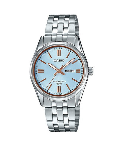 Casio Damen Analog Quarzuhr mit Edelstahlgehäuse und Edelstahlarmband, braunes Zifferblatt
