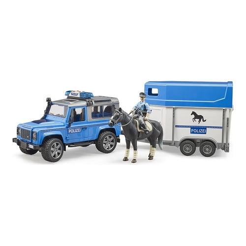 land rover defender polizeifahrzeug pferd und polizist