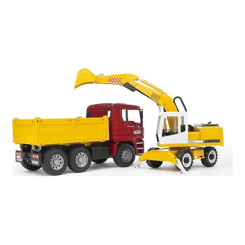 man tga kipp lkw und liebherr schaufelbagger