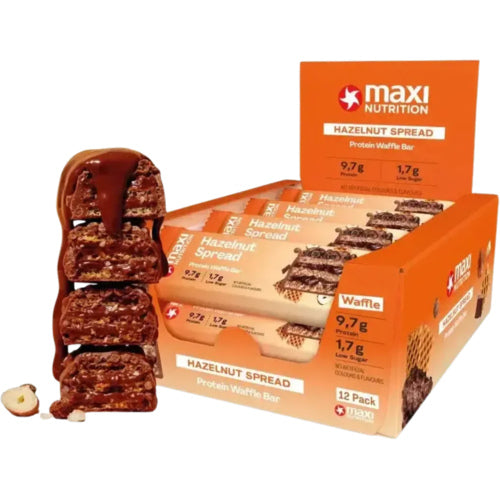 Barre gaufrée protéinée Maxinutrition 12 x 39 g, pâte à tartiner aux noisettes croquantes