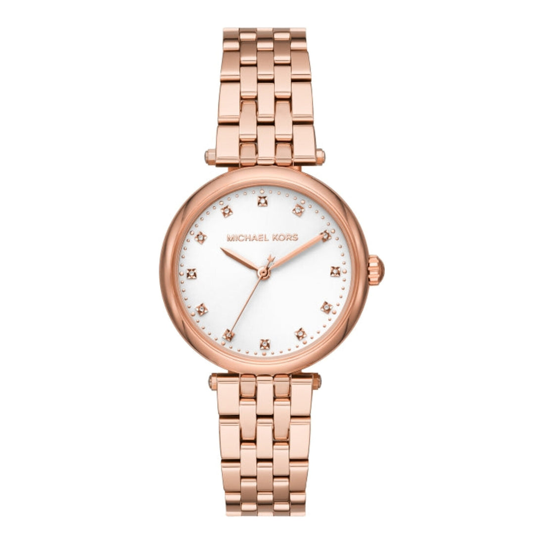Michael Kors Quarz Damenuhr aus roségoldfarbenem Edelstahl mit weißem Zifferblatt und Kristalllünette (34 mm)