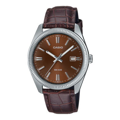 Casio Herren Analog Quarzuhr mit goldfarbenem Metallgehäuse und Lederarmband, schwarzes Zifferblatt