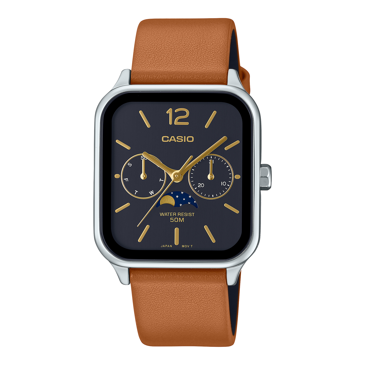 Casio Herren Quarzuhr aus Edelstahl mit Tagesanzeige, Datum und schwarzem Lederarmband