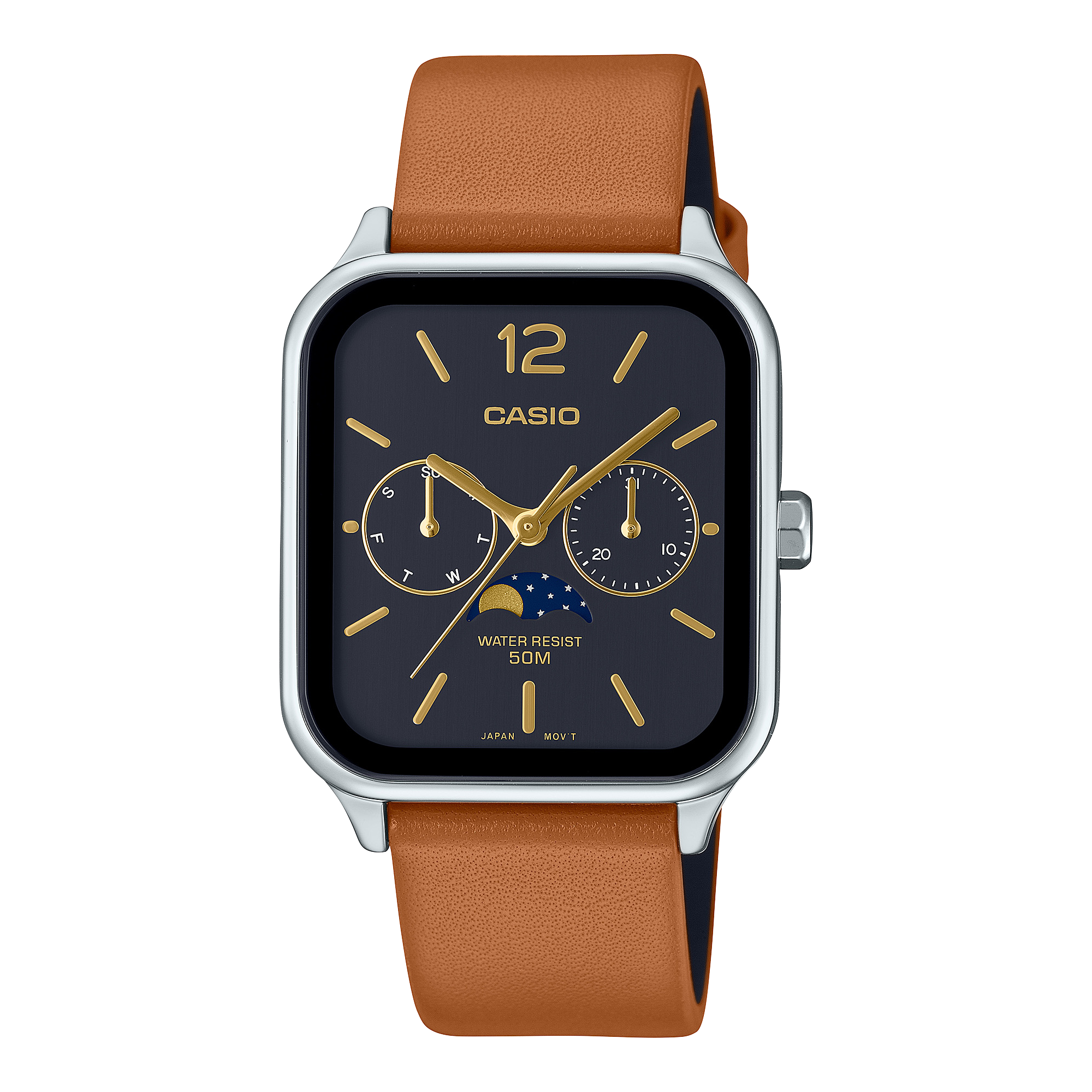 Casio Herren Quarzuhr aus Edelstahl mit Tagesanzeige, Datum und schwarzem Lederarmband