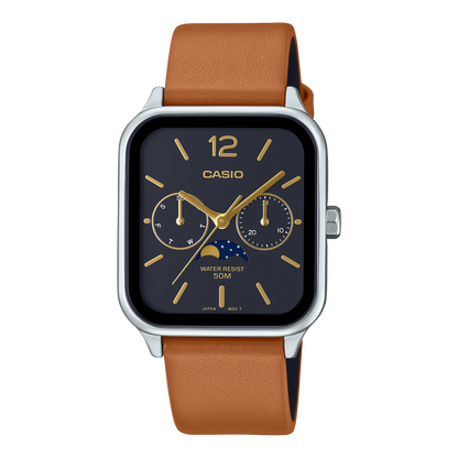 Casio Herren Quarzuhr aus Edelstahl mit Tagesanzeige, Datum und schwarzem Lederarmband