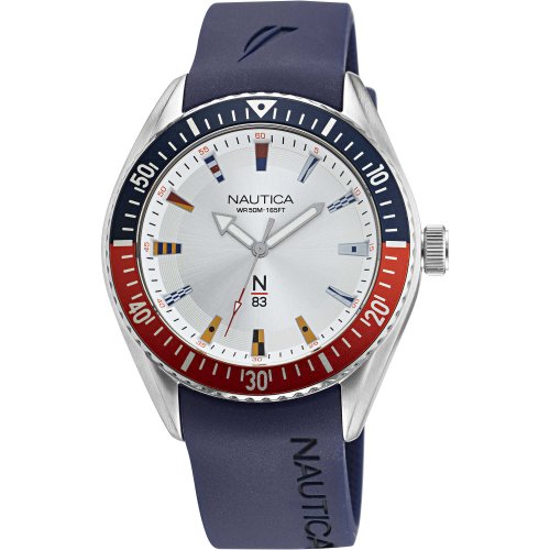 Nautica Herren Quarzuhr aus Edelstahl mit blauem Silikonarmband (44 mm, 5 bar)