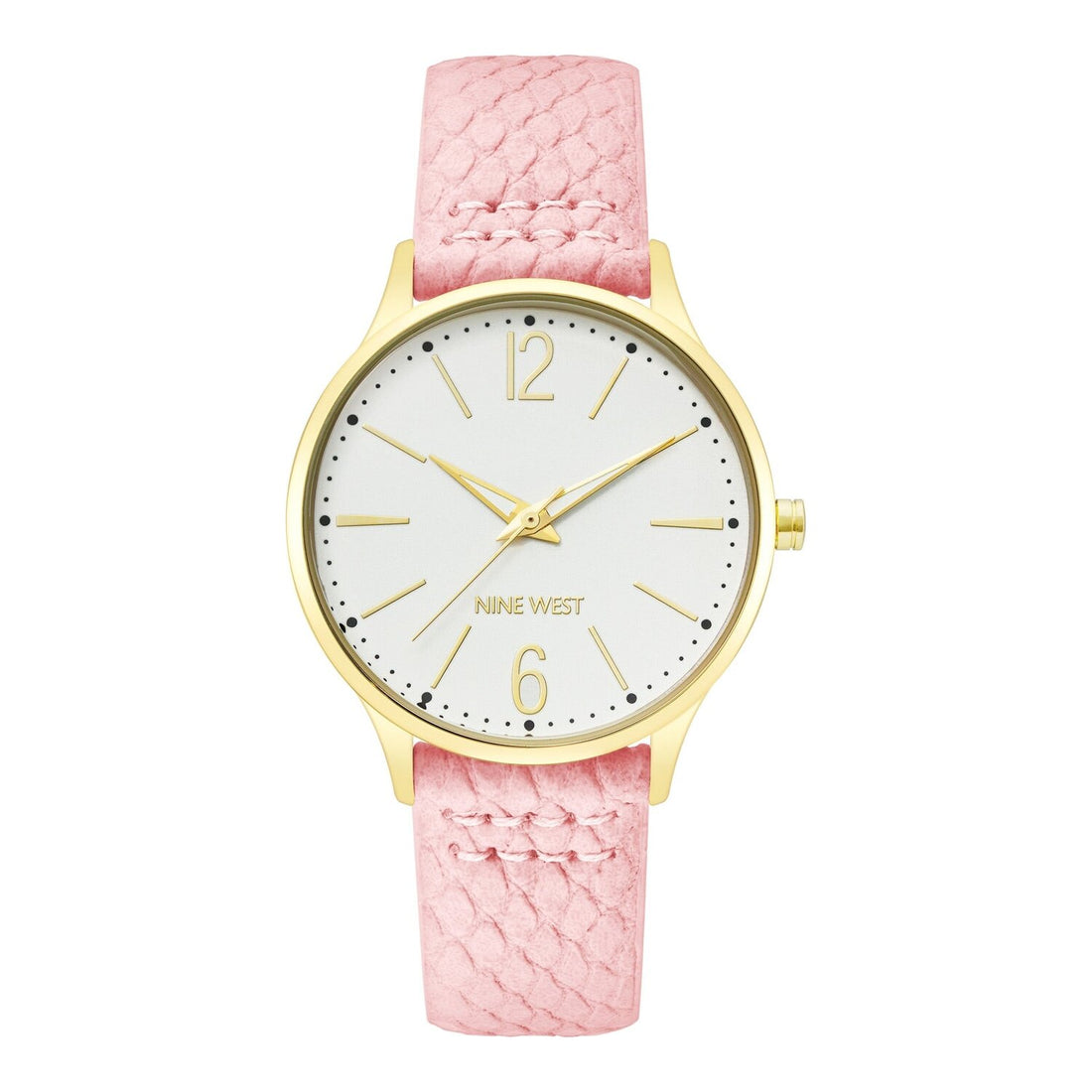 Nine West Damen Analog Quarzuhr mit champagnerfarbenem Metallgehäuse und Metallarmband, goldfarbenes Zifferblatt