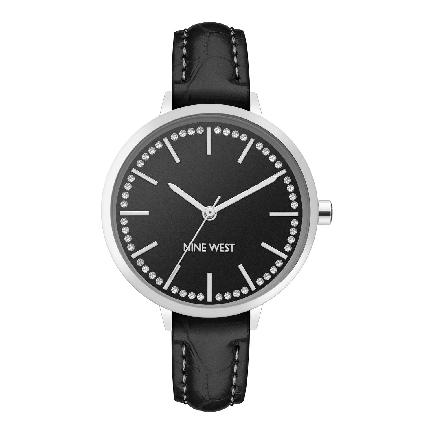 Montre à quartz analogique pour femme Nine West, boîtier et bracelet en métal noir, cadran noir.