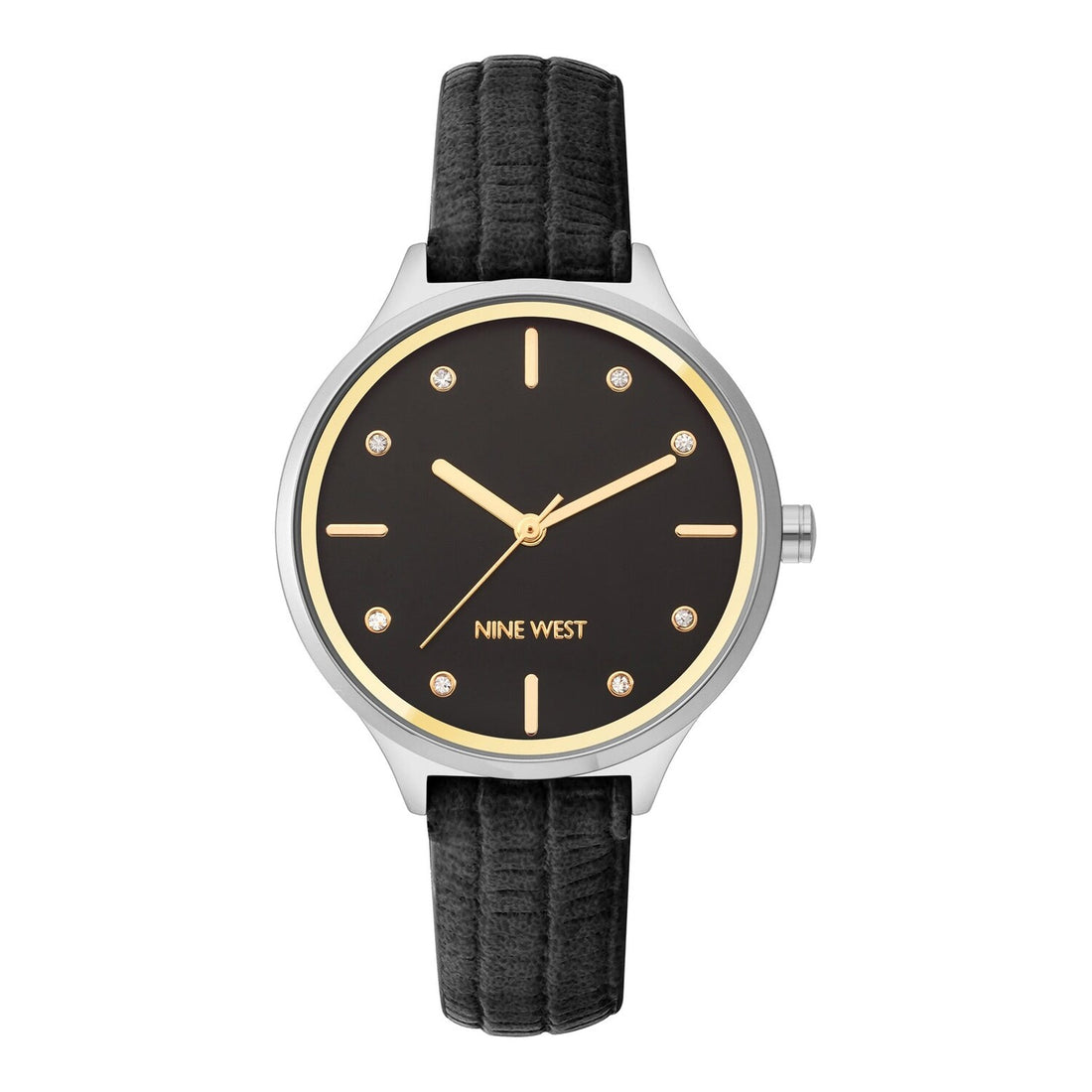 Nine West Damen Analog Quarzuhr mit Metallgehäuse und Metallarmband in Schwarz, schwarzes Zifferblatt