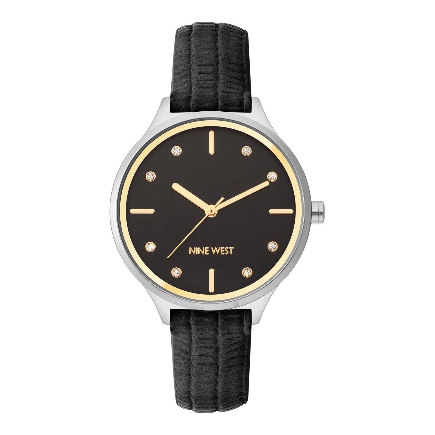Montre à quartz analogique pour femme Nine West, boîtier et bracelet en métal noir, cadran noir.