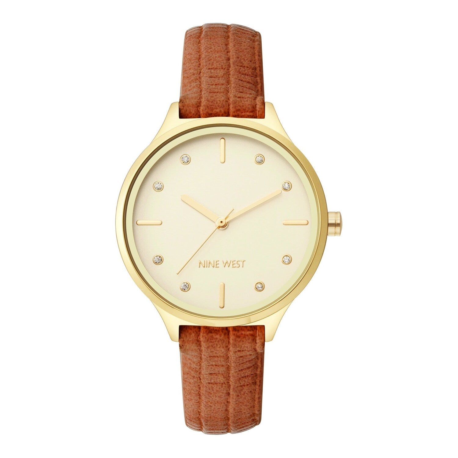 Montre à quartz analogique pour femme Nine West, boîtier et bracelet en métal doré rose, cadran bleu