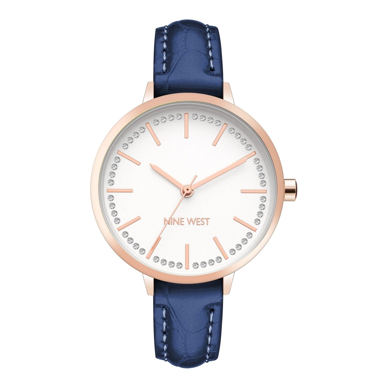 Montre à quartz analogique pour femme Nine West, boîtier et bracelet en métal doré rose, cadran bleu foncé