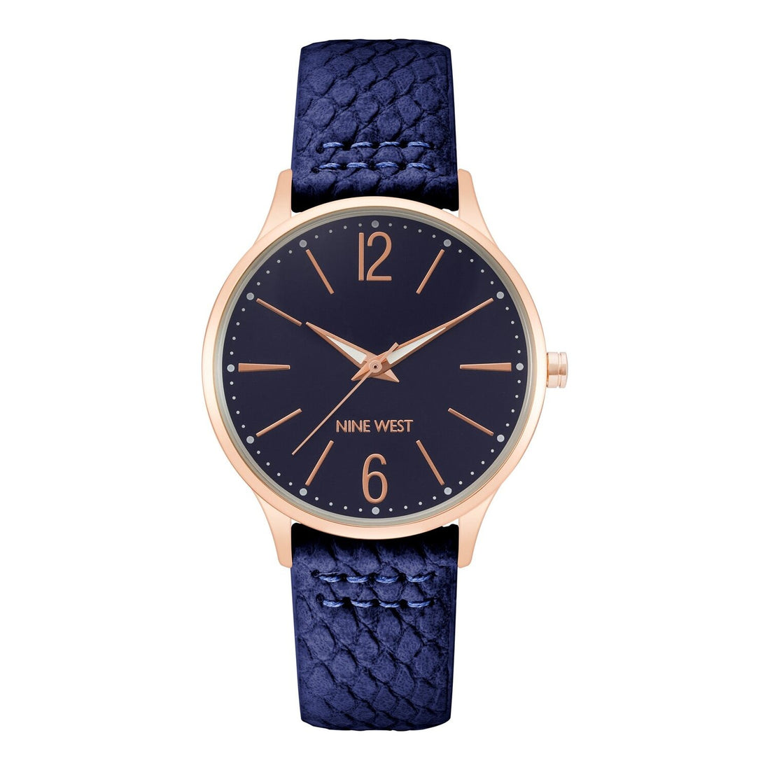 Nine West Damen Analog Quarzuhr mit roséfarbenem Metallgehäuse und Metallarmband, dunkelblaues Zifferblatt