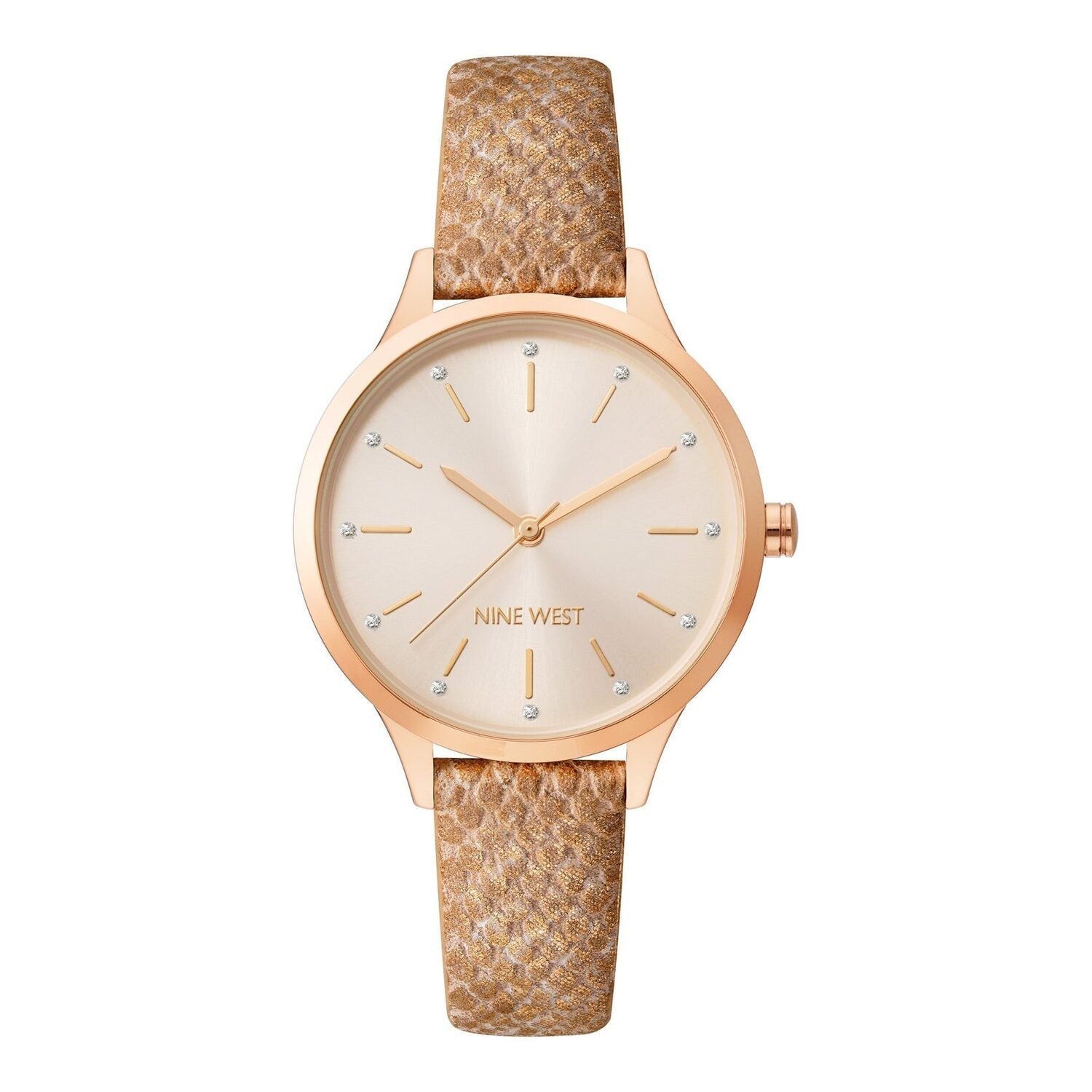 Montre à quartz analogique pour femme Nine West, boîtier et bracelet en métal doré rose, cadran gris