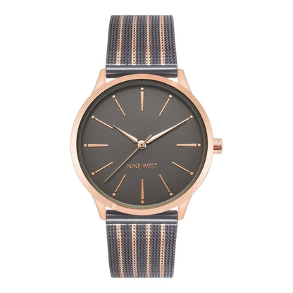 Nine West Damen Analog Quarzuhr mit roséfarbenem Metallgehäuse und Metallarmband, rosa Zifferblatt