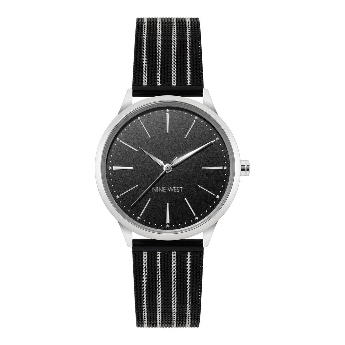 Nine West Damen Analog Quarzuhr mit silberfarbenem Metallgehäuse und Metallarmband, schwarzes Zifferblatt