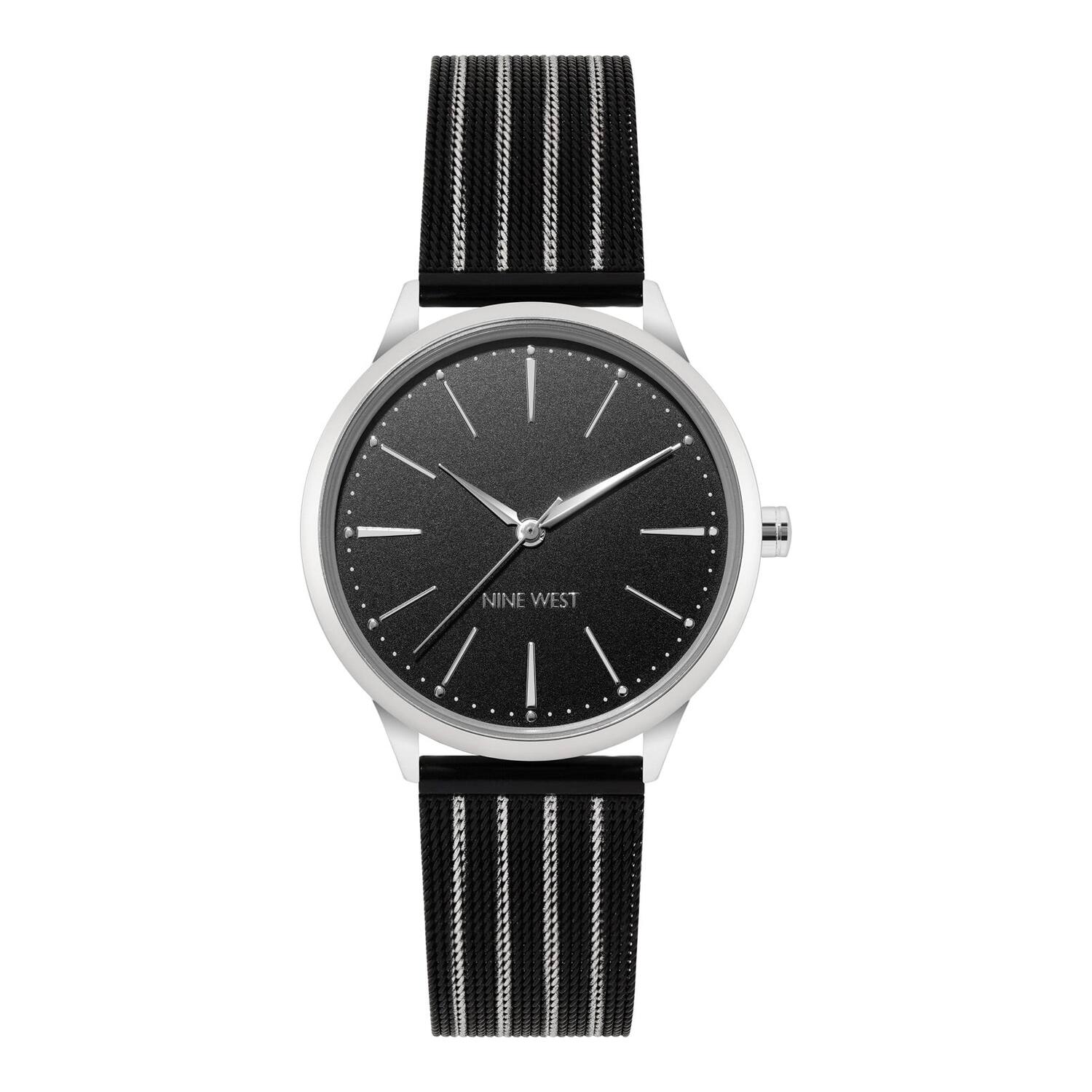 Montre à quartz analogique pour femme Nine West, boîtier et bracelet en métal argenté, cadran noir