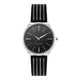 Damen-Analog-Quarzuhr mit silberfarbenem Metallgehäuse und Metallarmband, schwarzes Zifferblatt