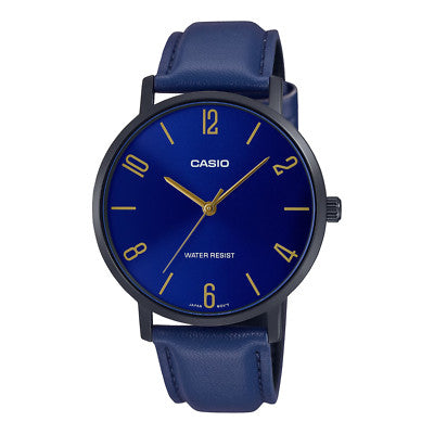Casio Herren Quarzuhr im minimalistischen Design mit blauem Zifferblatt und schwarzem Lederarmband