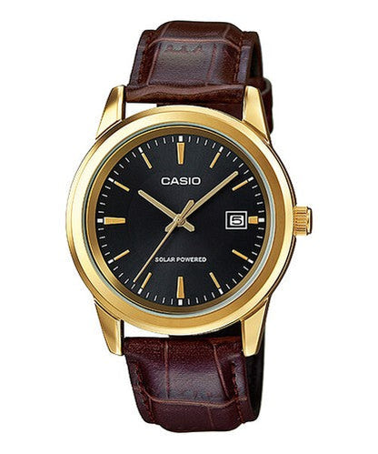 Casio Solar Analog Quarzuhr mit goldfarbenem Stahlgehäuse und braunem Lederarmband, schwarzes Zifferblatt mit Datumsanzeige