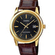 Solar-Analog-Quarzuhr mit goldfarbenem Stahlgehäuse und braunem Lederarmband, schwarzes Zifferblatt mit Datumsanzeige