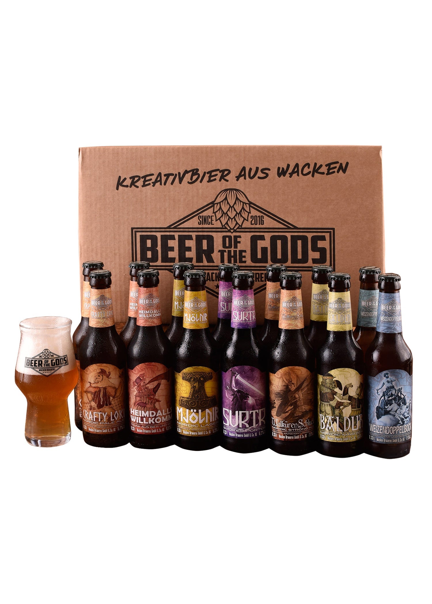 Göttergabe: 16x Beer of the Gods Probierpaket &amp; Glas